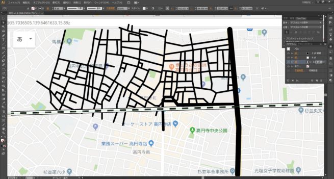 高円寺のグーグルマップをイラストレータのペンツールでなぞる